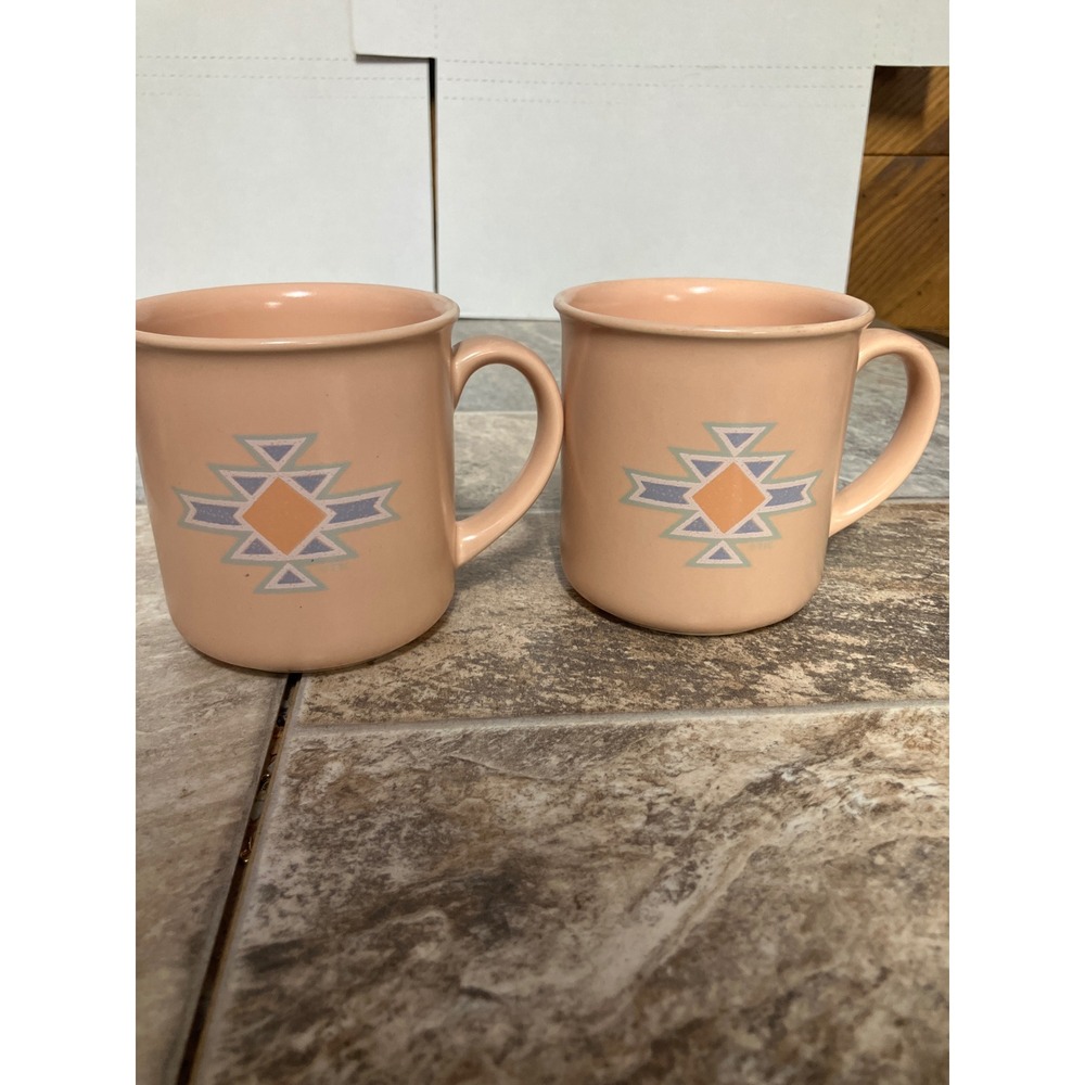 Treasure Craft Southwest Japan Peach Ceramic Mugs Geometric Tribal Set of 2